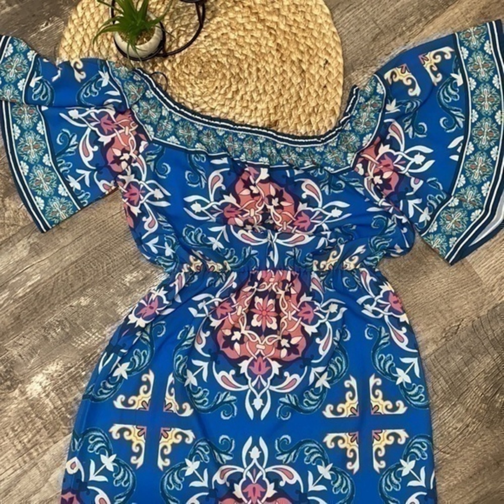 Flying Tomato blue geometric print off the shoulder maxi dress size small - Picture 7 of 7